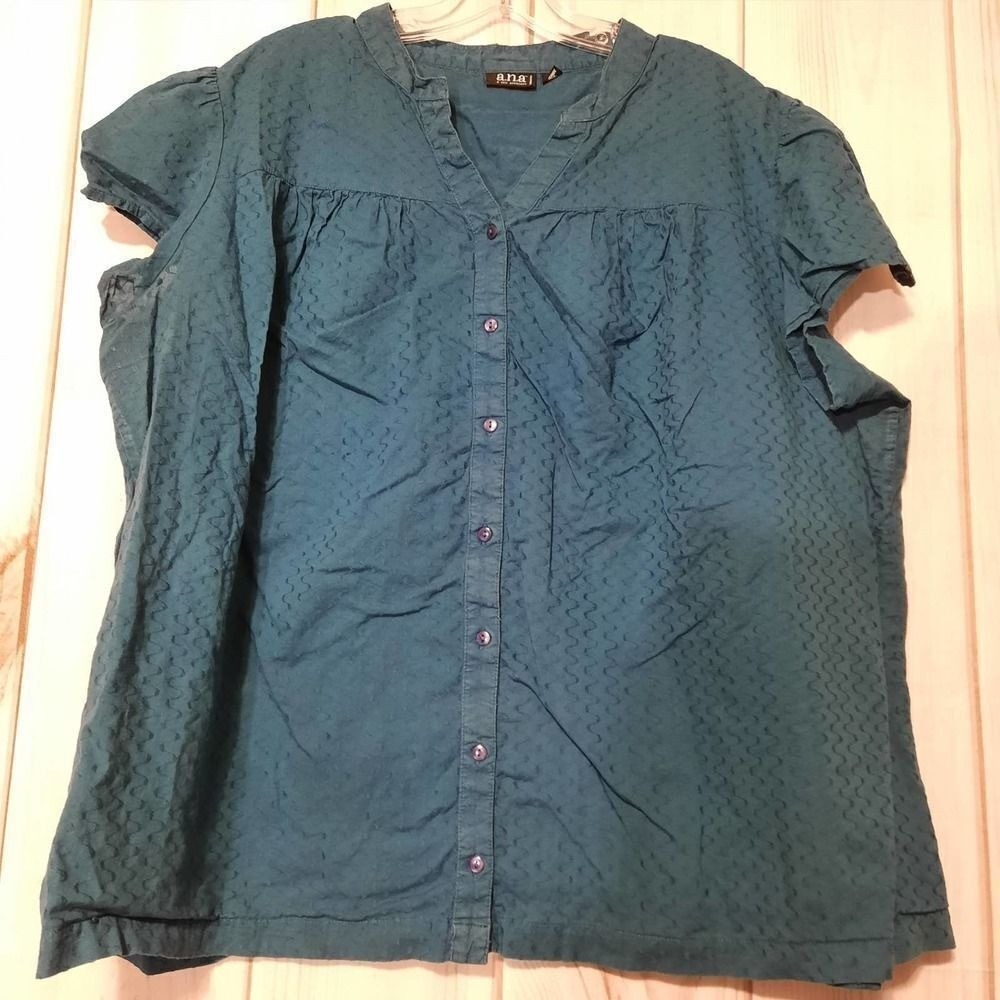 ANA A New Approach Teal‎ Blue Embroidered Cotton Button Down Blouse 3X Plus Size